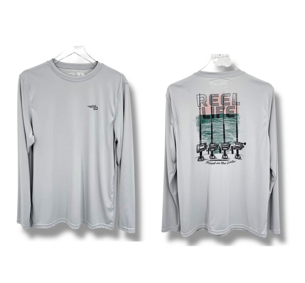 Reel Life Jax beach shirt men's M long sleeve fishing rash guard active UV gray
